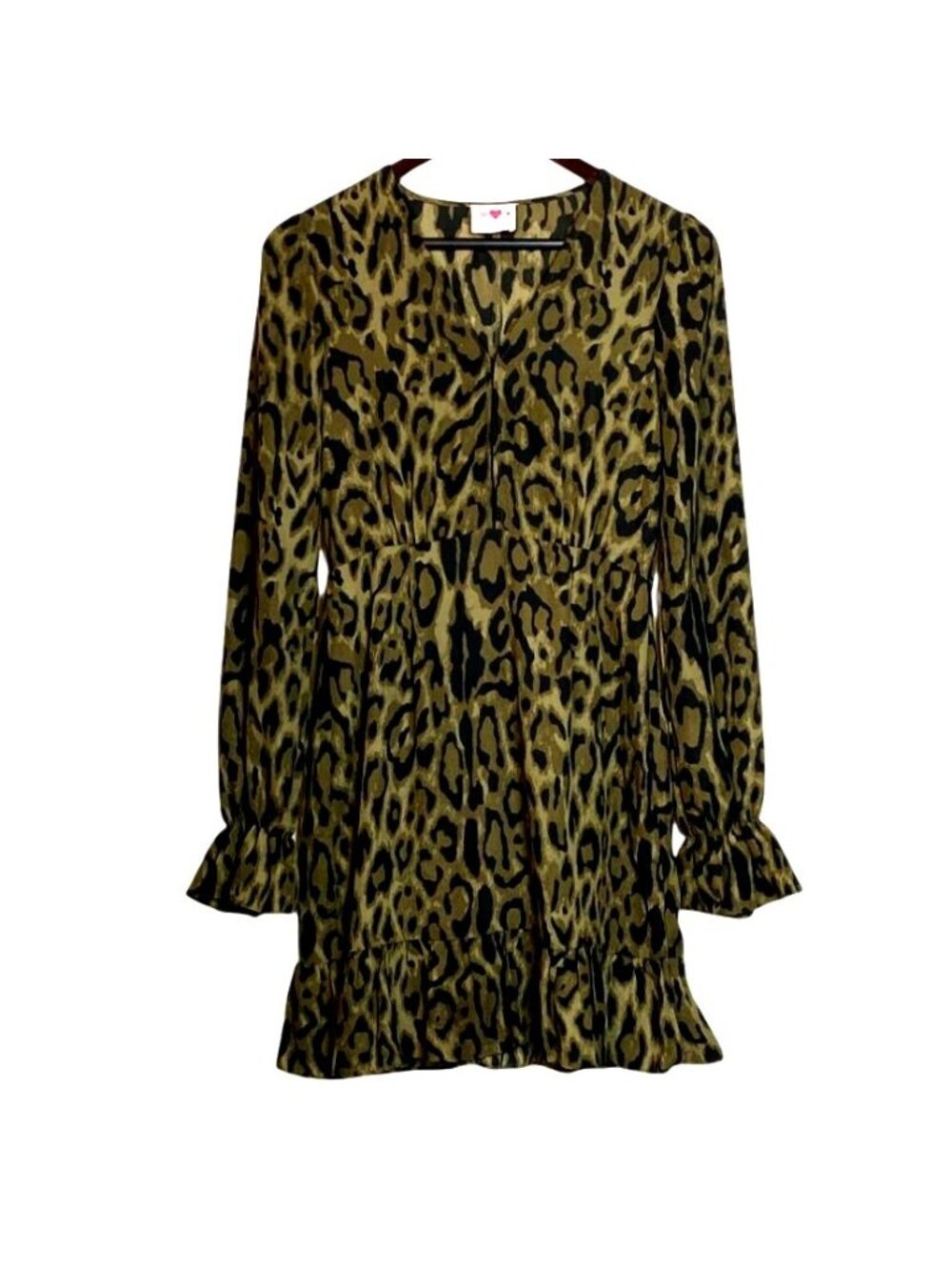 Buddy Love Olive Green Leopard Print Long Sleeve Ruffle Hem Dress Size S V-Neck